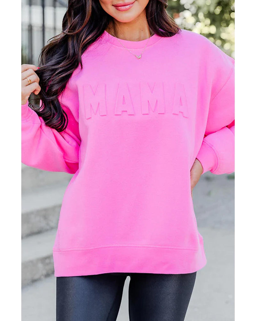 Bright Pink MAMA Letter Embossed Casual Sweatshirt - S