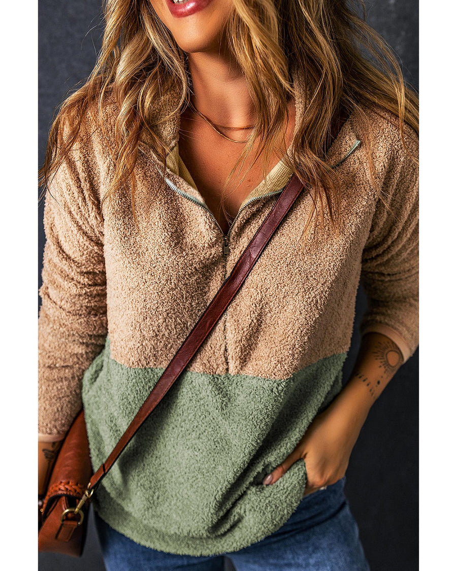Smoke Gray Two Tones Color Block Half Zip Fleece Sweatshirt - M