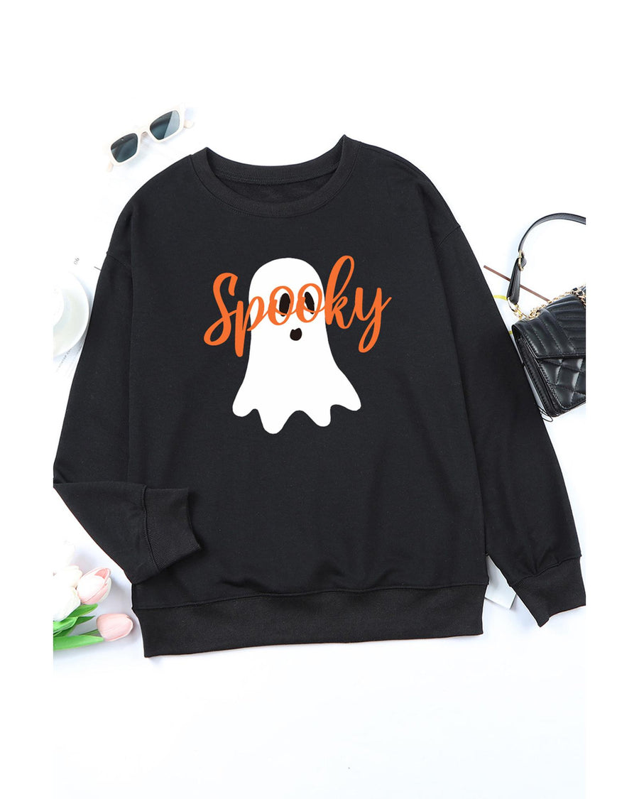 Black Halloween Spooky Ghost Print Crewneck Pullover Sweatshirt - L