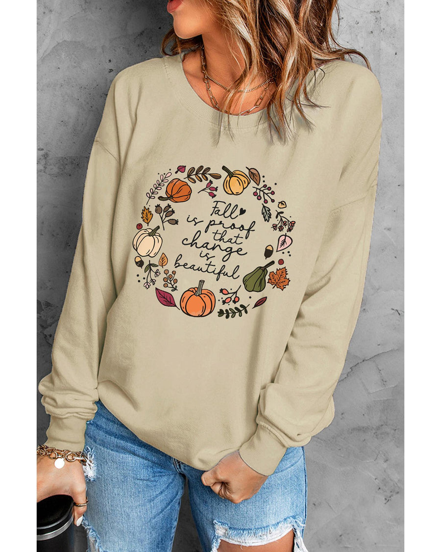 Khaki Fall Vibe Pumpkin Print Round Neck Sweatshirt - XL