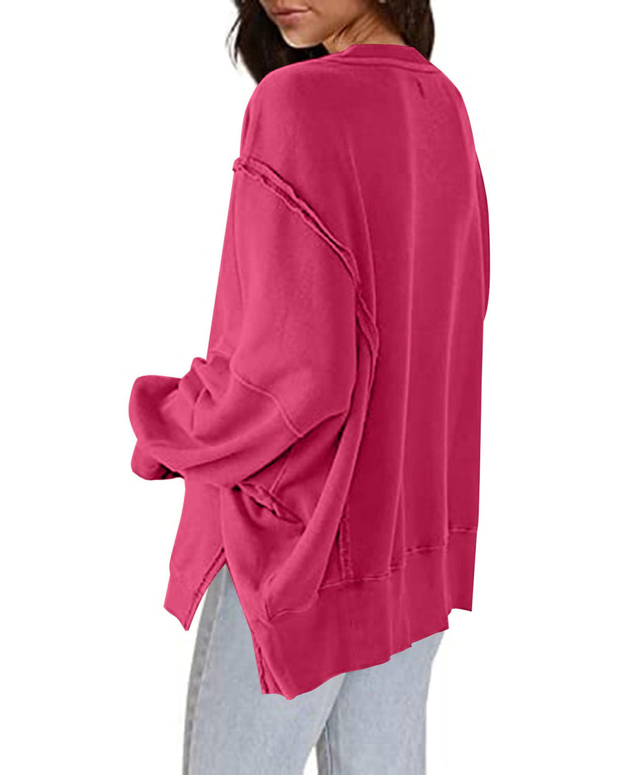 Rose Exposed Seam Drop Shoulder Slit High Low Hem Sweatshirt - L