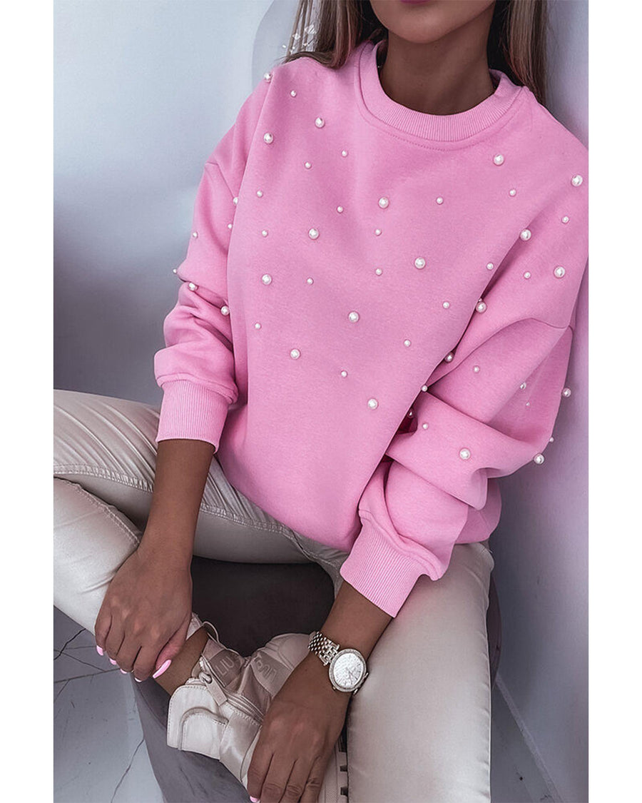 Bonbon Pearl Detail Ribbed Crew Neck Sweatshirt - M