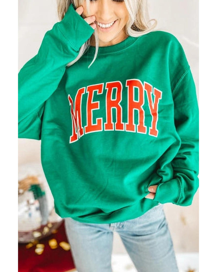 Bright Green MERRY Graphic Pullover Sweatshirt - M