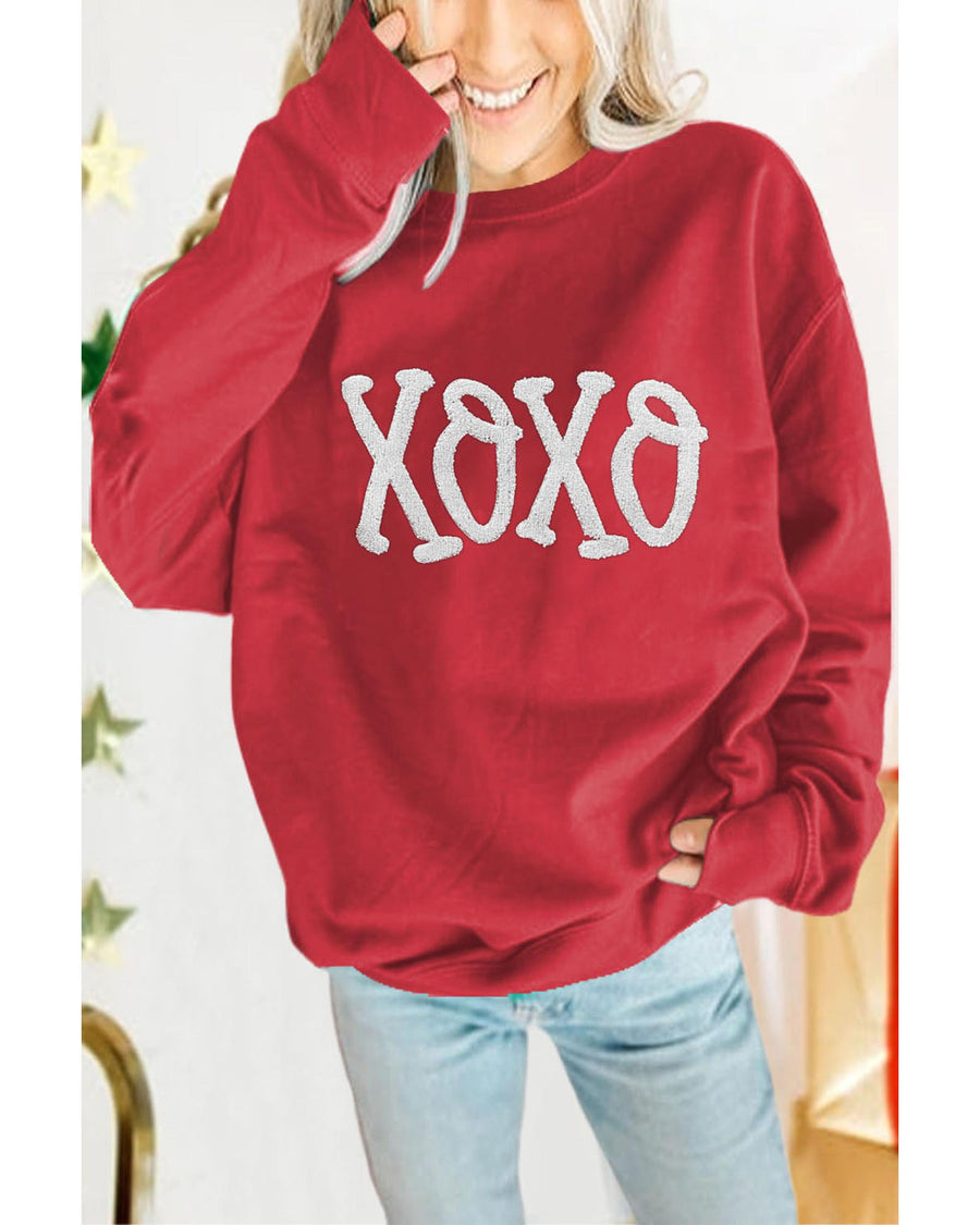 Racing Red Aphabet Chenille Embroidered Pullover Sweatshirt - S