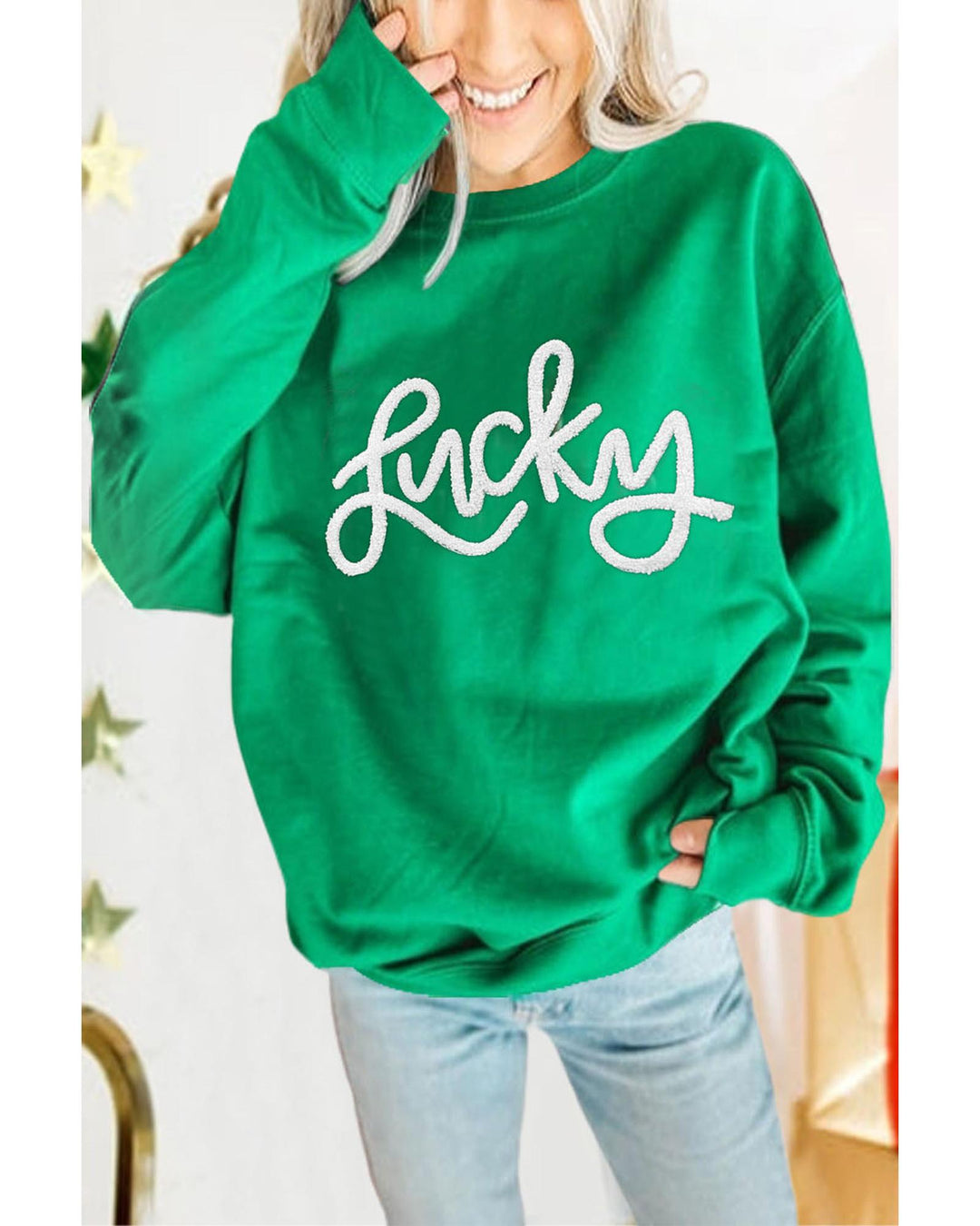 Green LUCKY Aphabet Chenille Embroidered Pullover Sweatshirt - XL