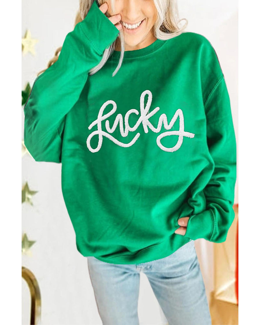 Green LUCKY Aphabet Chenille Embroidered Pullover Sweatshirt - XL
