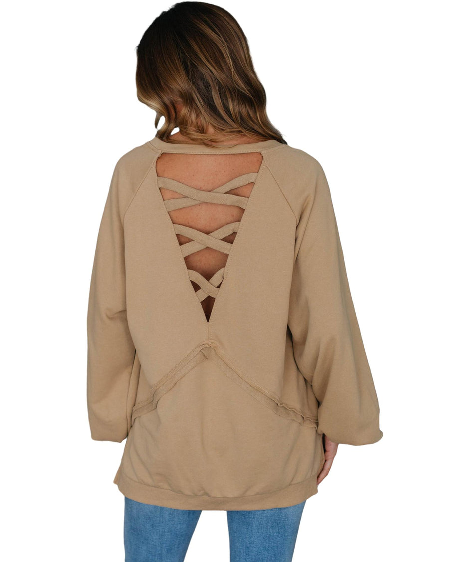 Light French Beige Solid Color Lattice Hollow Out Back Sweatshirt - M