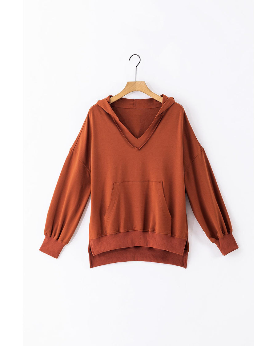 Chestnut V Neck Kangaroo Pocket Oversized Hoodie - M