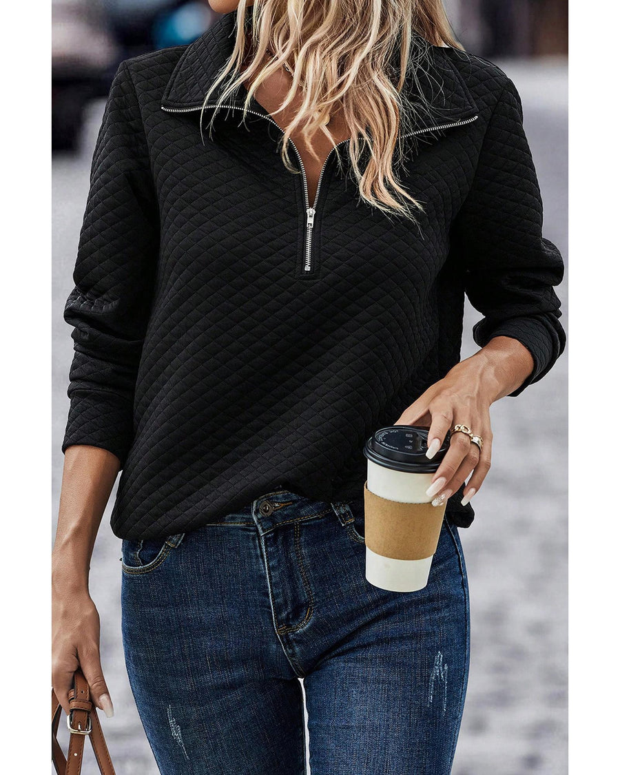 Black Solid Half Zipper Quilted Pullover Sweatshirt - L
