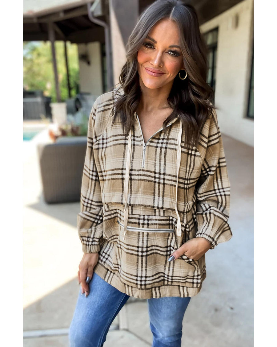 Khaki Printed Zipped Front Pullover Plaid Hoodie - M