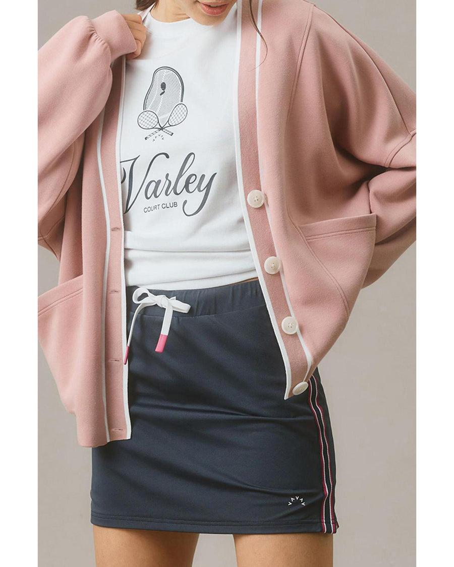 Pink Stripe Contrast Trim V Neck Buttoned Front Pocketed Knit Cardigan - L