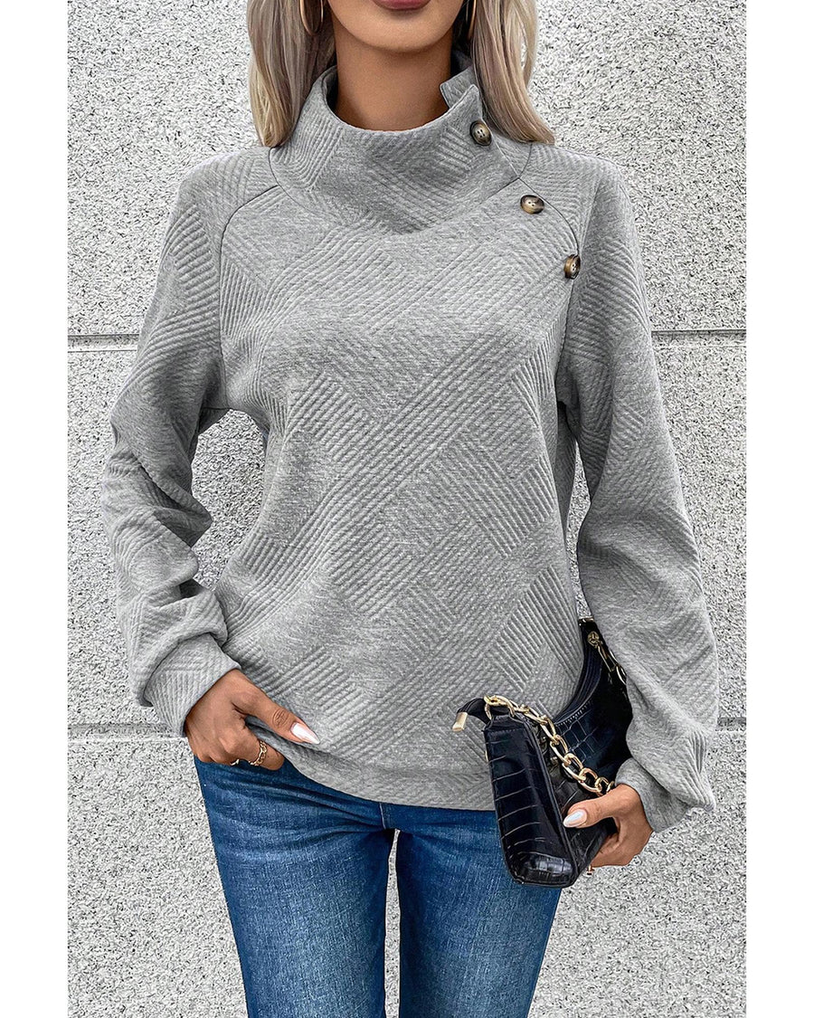 Gray Asymmetric Buttons Detail High Neck Textured Sweatshirt - S