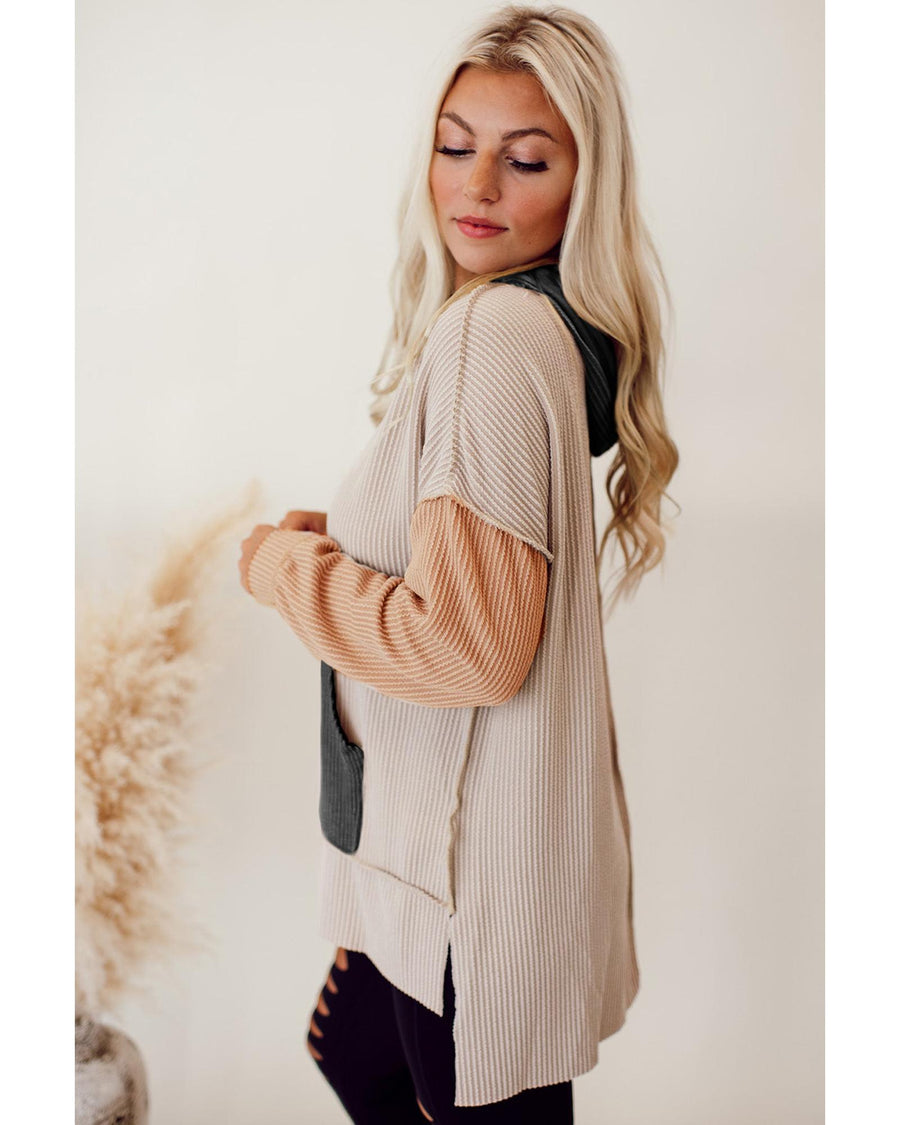 Smoke Gray Color Block High Low Textured Hoodie - S