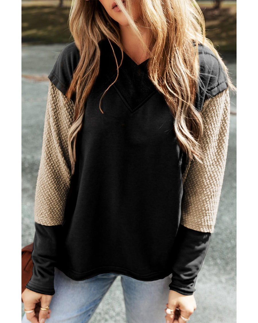 Black Contrast Sleeves Patchwork Colorblock Hoodie - L