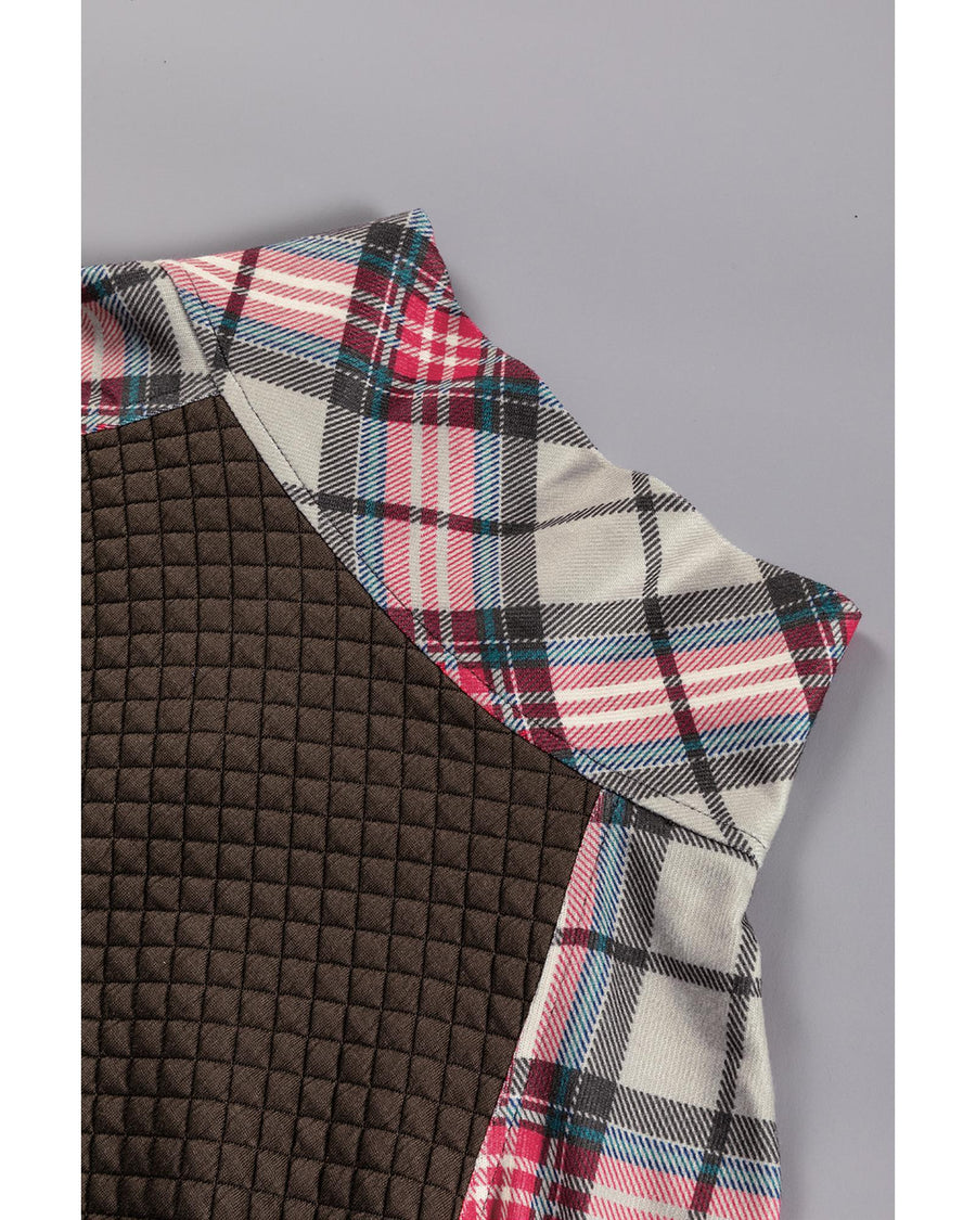 Khaki Printed Plaid Sleeve Patchwork Collared Textured Sweatshirt - L