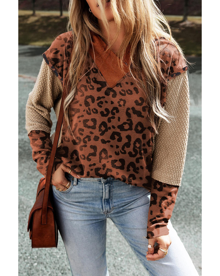 Brown Textured Knit Patchwork Leopard Hoodie - M