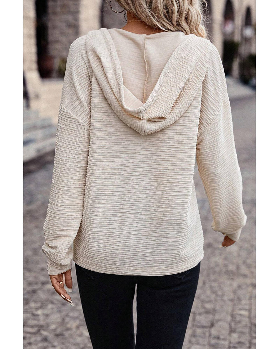 Apricot Solid Textured Drawstring Henley Hoodie - L