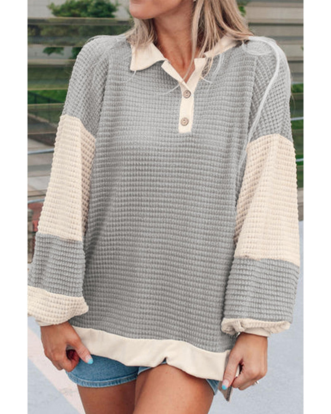 Khaki Textured Colorblock Collared Henley Top - M