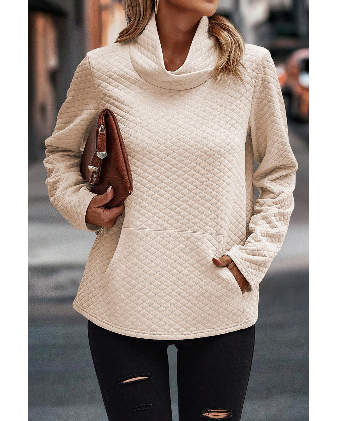 Apricot High Neck Kangaroo Pocket Quilted Sweatshirt - XL