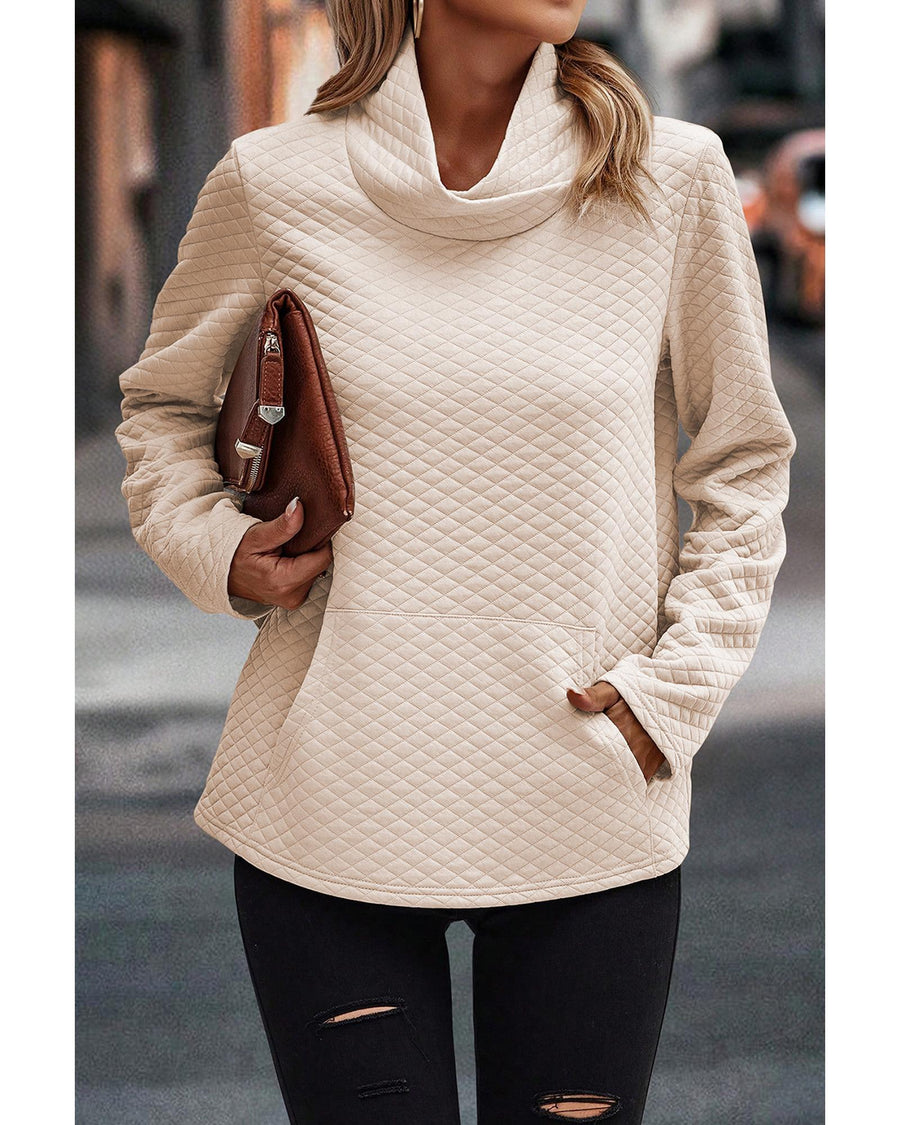 Apricot High Neck Kangaroo Pocket Quilted Sweatshirt - XL