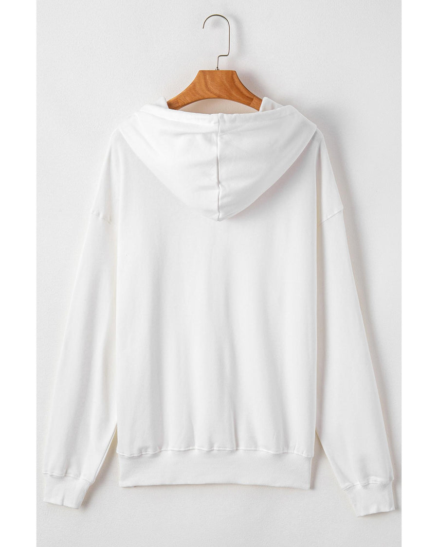 White Fleece Lined Kangaroo Pocket Drawstring Chunky Hoodie - L