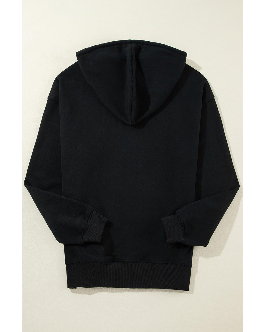 Black Fleece Lined Kangaroo Pocket Drawstring Chunky Hoodie - M
