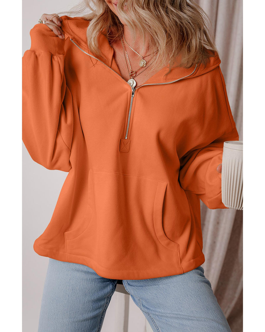 Orange Fleece Lined Half Zipper Kangaroo Pockets Loose Hoodie - M