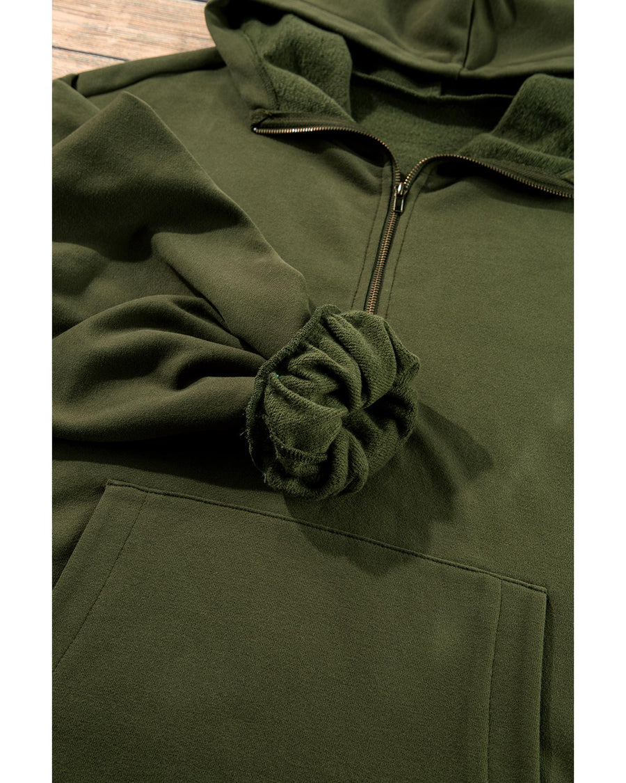 Moss Green Fleece Lined Half Zipper Kangaroo Pockets Loose Hoodie - XL