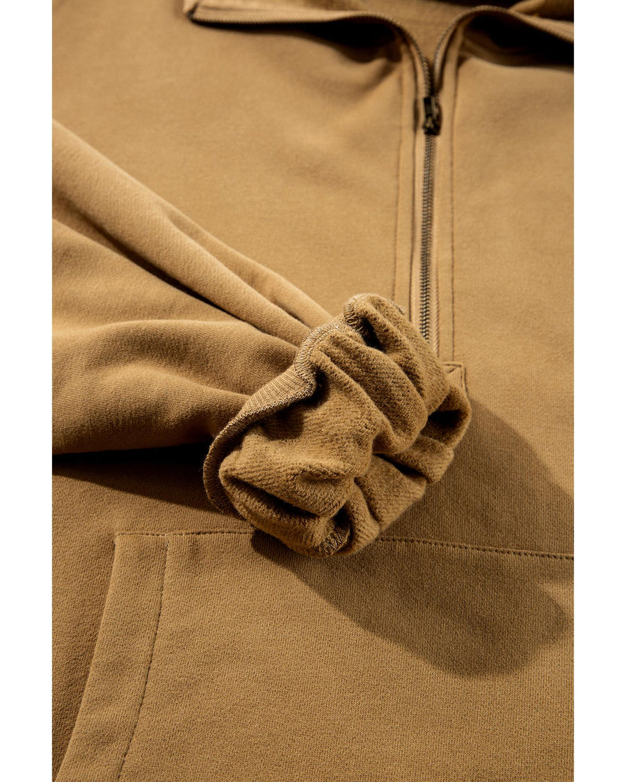 Brown Fleece Lined Half Zipper Kangaroo Pockets Loose Hoodie - 2XL