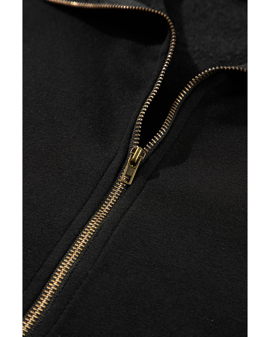 Black Fleece Lined Half Zipper Kangaroo Pockets Loose Hoodie - XL