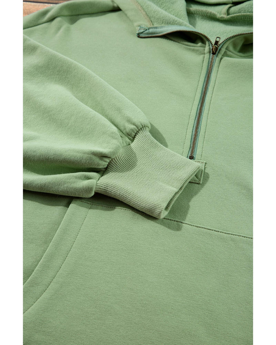 Smoke Green Fleece Lined Half Zipper Kangaroo Pockets Loose Hoodie - 2XL