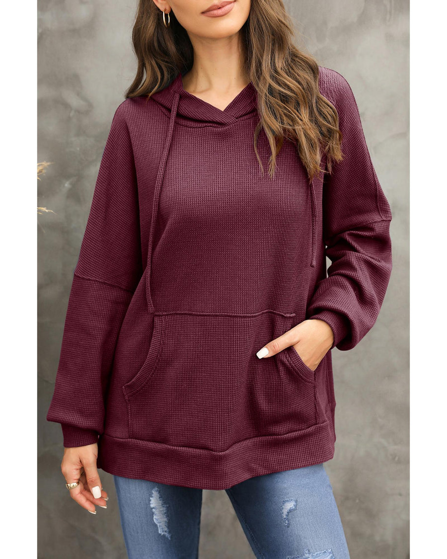 Red Dahlia Waffle Knit Fleece Lined High Low Oversized Hoodie - M