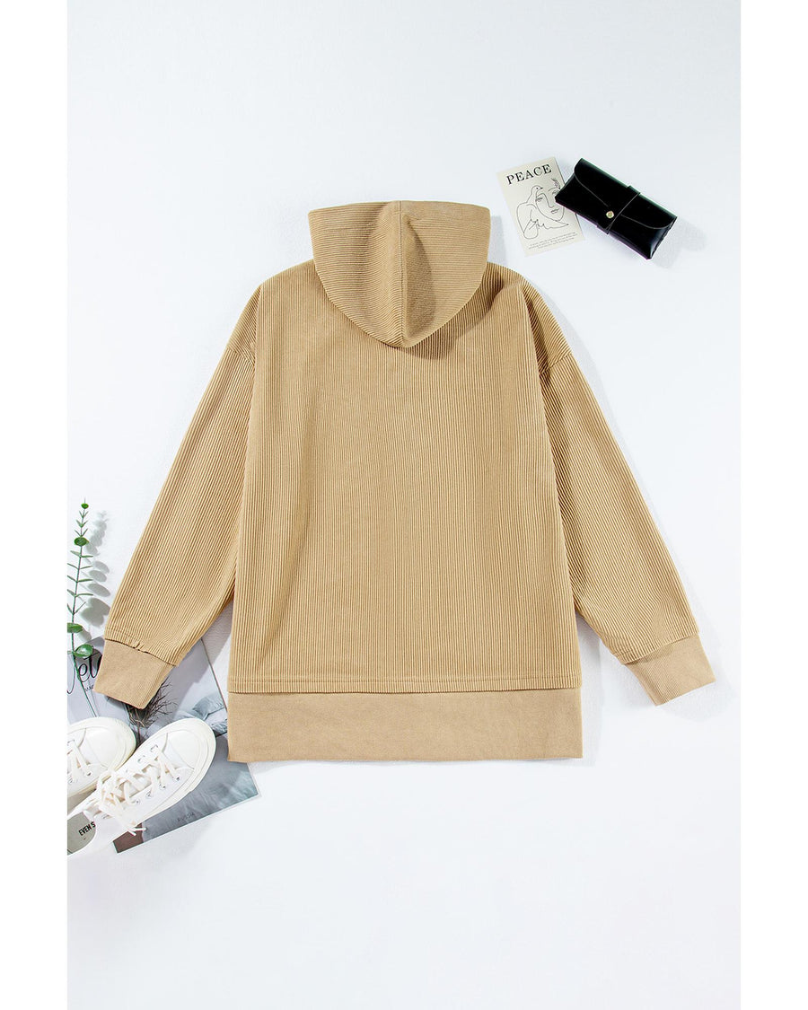 Simply Taupe Solid Ribbed Knit Buttoned Drop Shoulder Oversized Hoodie - L