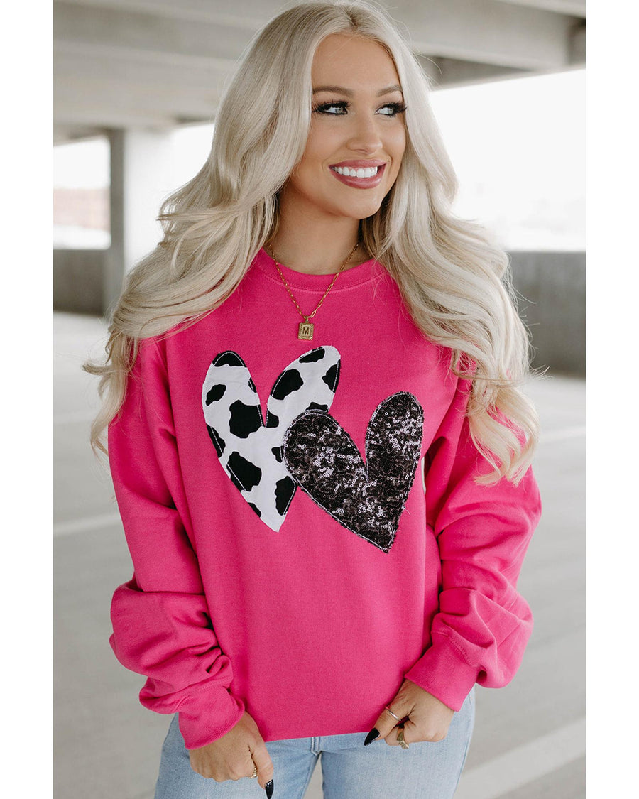 Strawberry Pink Cow & Sequin Double Heart Patch Graphic Sweatshirt - S