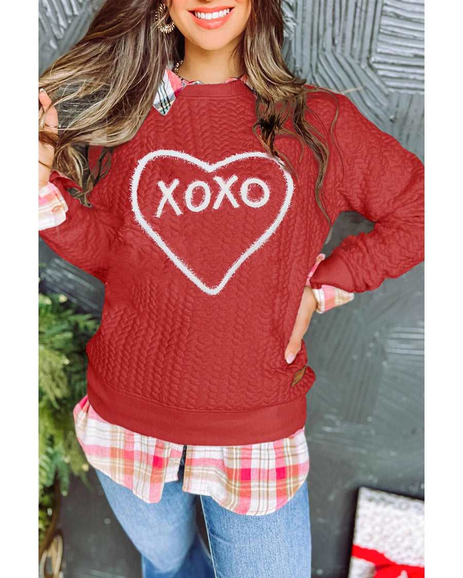 Racing Red Heart XOXO Chenille Embroidered Textured Sweatshirt - S