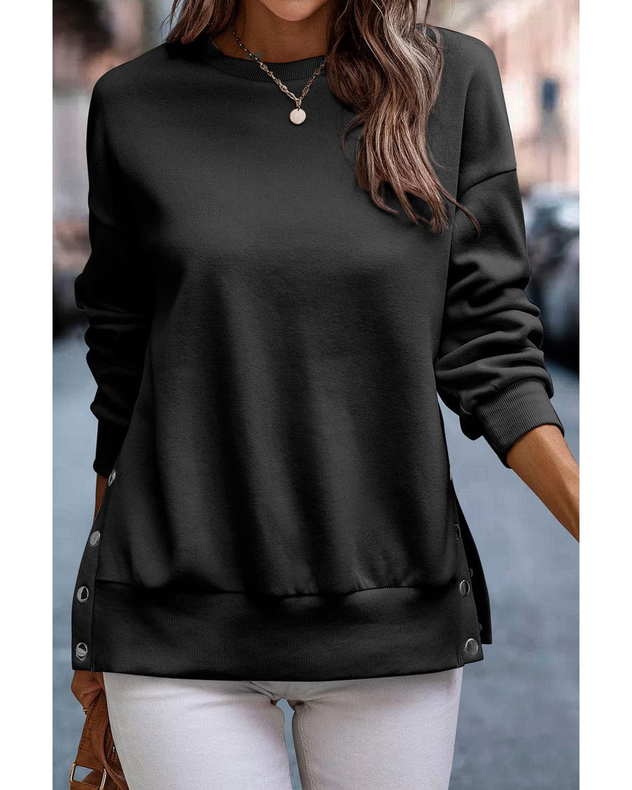 Black Snap Buttons Side Splits Pullover Sweatshirt - XL