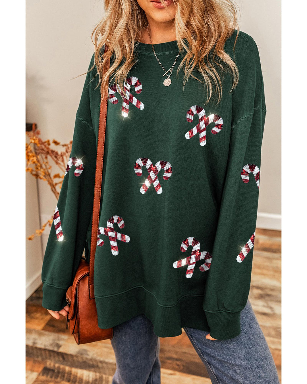 Duffel Green Christmas Cane Pattern Crewneck Oversized Sweatshirt - S