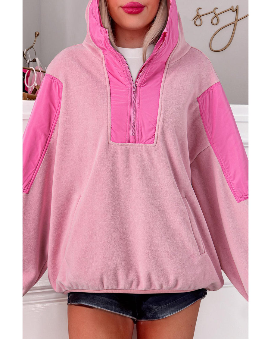 Pink Colorblock Patchwork Half Zip Oversized Sherpa Hoodie - S