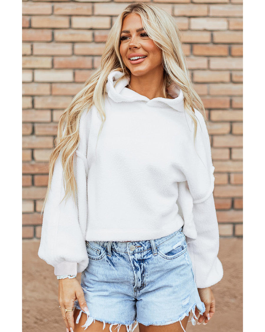 White Sherpa Fleece Drop Shoulder Hoodie - M