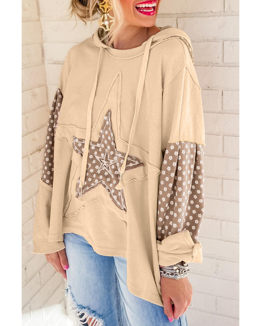Apricot Floral Patchwork Star Pattern Drawstring Hoodie - M