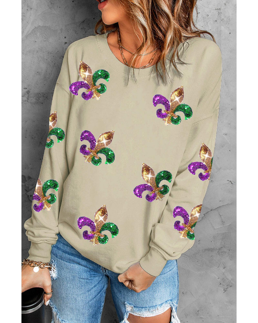 Khaki Sequin Mardi Gras Graphic Pullover Sweatshirt - L