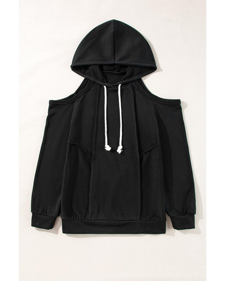 Black Exposed Seam Cold Shoulder Drawstring Hoodie - L