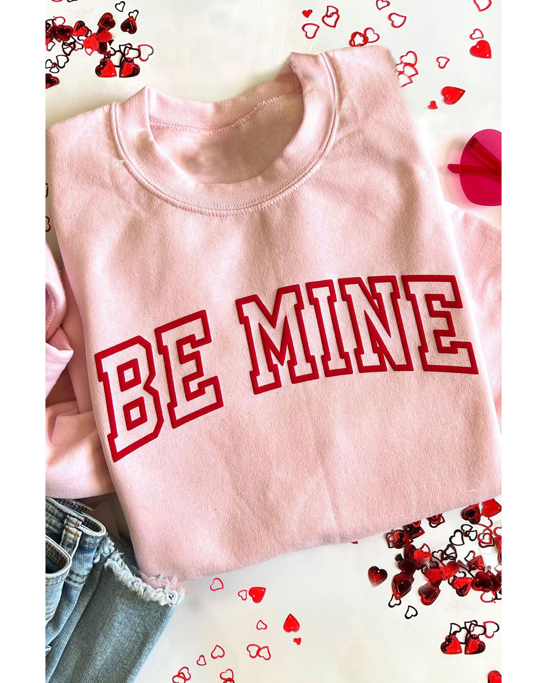 Pink BE MINE Puff Graphic Pullover Sweatshirt - L