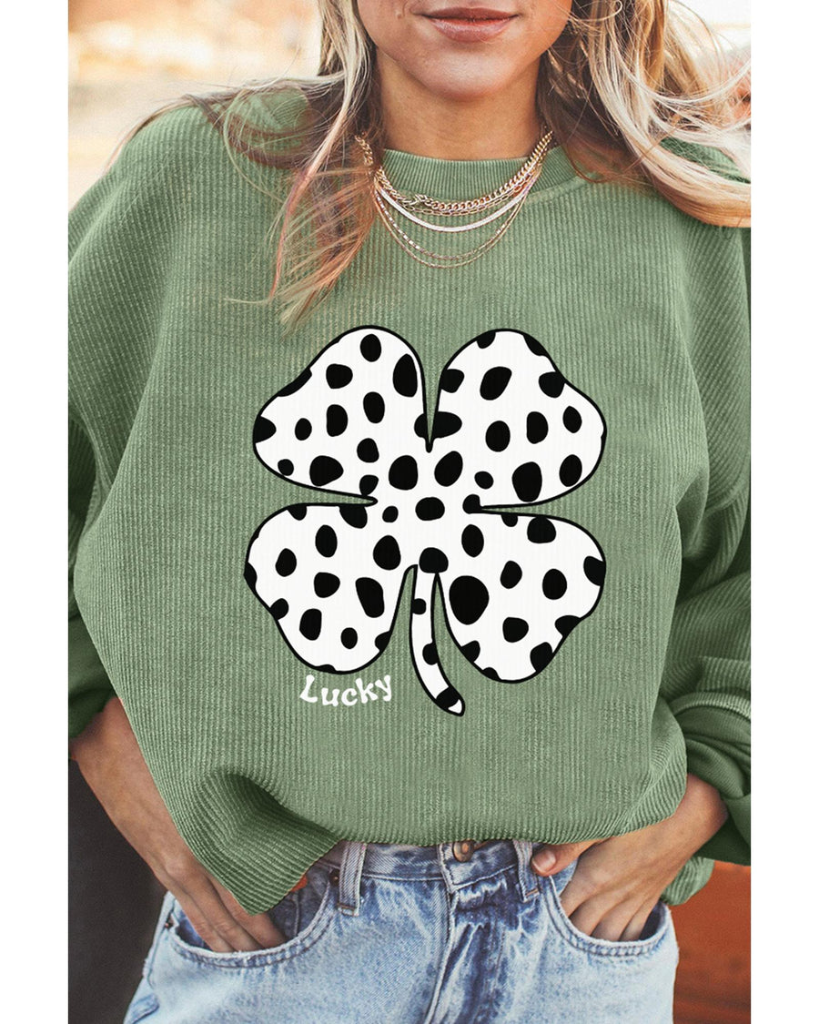 Azura Exchange Grass Green Western Cow Clover Print Crewneck Corded Sweatshirt - 2XL