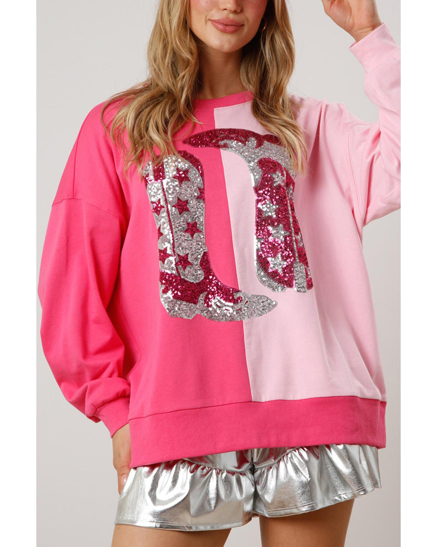 Pink Color Block Sequined Cowgirl Boots Graphic Sweatshirt - L
