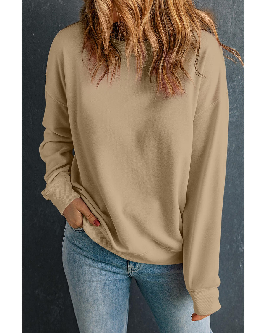 Khaki Solid Classic Crewneck Pullover Sweatshirt - S