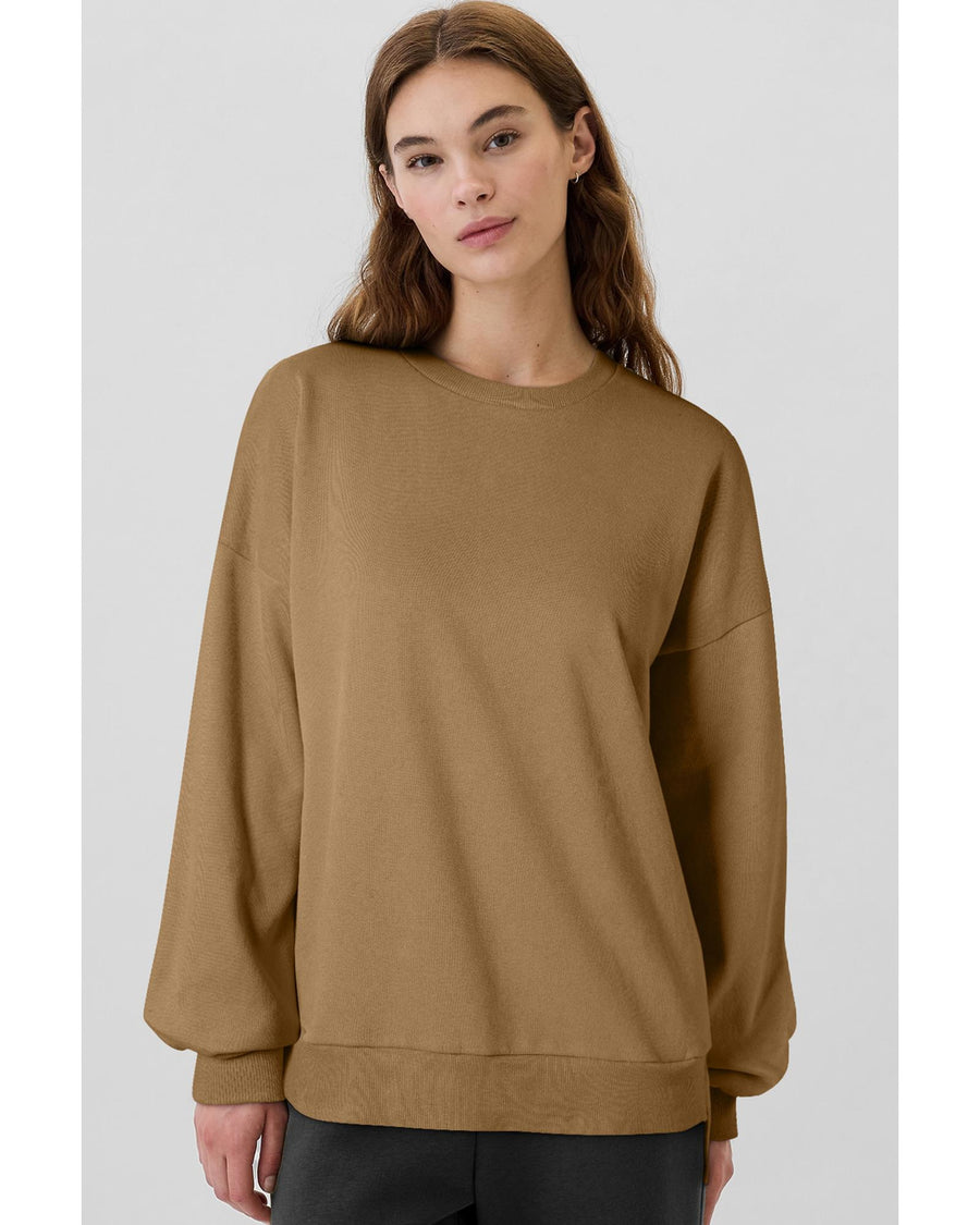 Camel Solid Fleece Lined Drop Shoulder High Low Sweatshirt - XL