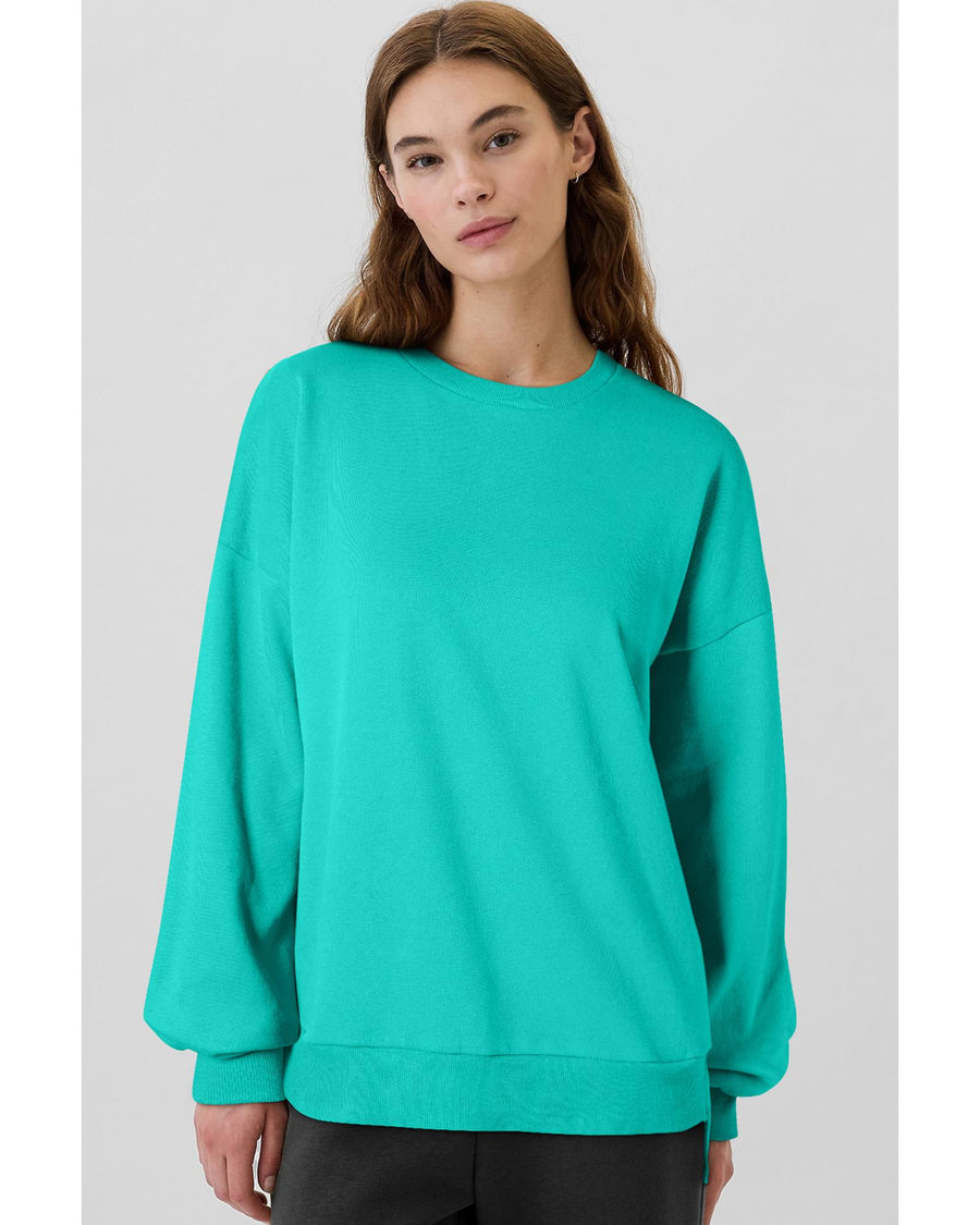 Sea Green Solid Fleece Lined Drop Shoulder High Low Sweatshirt - M