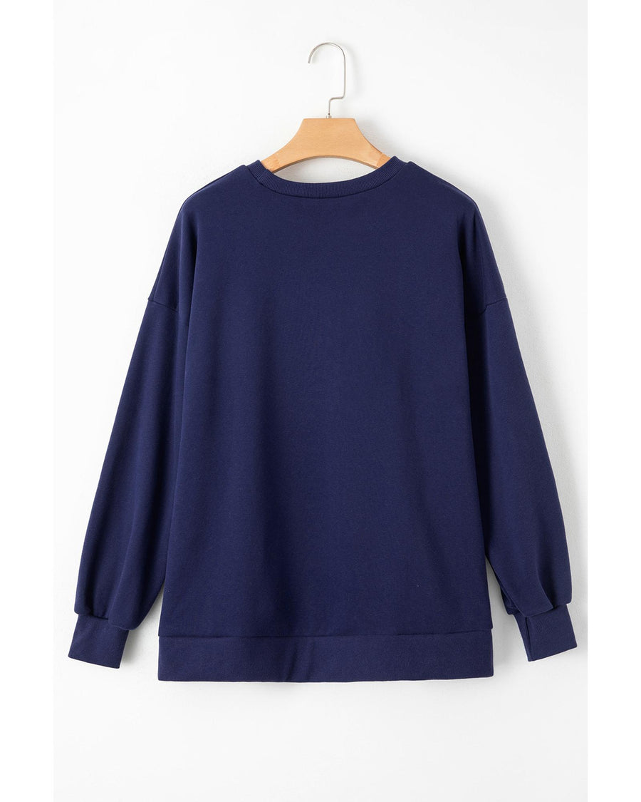 Navy Blue Solid Fleece Lined Drop Shoulder High Low Sweatshirt - L