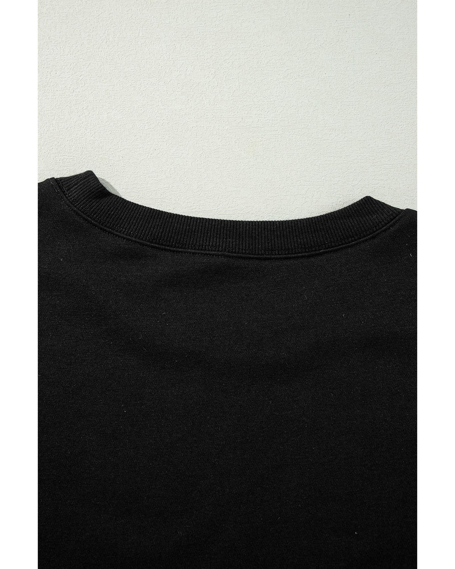 Black Exposed Seam Drop Shoulder Round Neck Sweatshirt with Slits - L